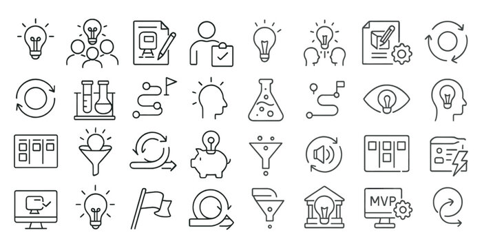 Collection of icons that represent various concepts and ideas. The icons include a light bulb, a person with a clipboard, a person with a pen, a person with a book, a person with a computer