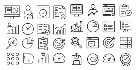 Leinwandbilder - Collection of icons and symbols, including a clock, a book, a computer monitor, and a person