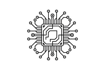 Poster - Stylized Microchip Illustration with Circuitry and Connections Representing Technology Computing and Innovation in a Clean Black and White Design for Various Digital Applications and Creative