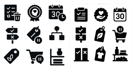 Leinwandbilder - Collection of black and white icons, including a shopping cart, a shopping bag, and a clock. The icons are arranged in a grid, with some overlapping each other