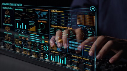 Poster - Data center monitoring dashboard visualize network performance, connection status, usage rate, and telecommunication insight. Data center monitoring efficiency improvement network transparency. Thunk