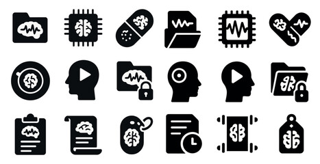 Leinwandbilder - Collection of black and white icons that represent various aspects of technology and the human brain. The icons include a computer, a brain, a heart, a file folder, and a book