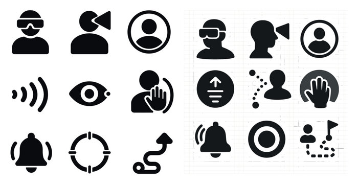 Set of icons for a computer game. The icons include a person with a headset, a person with a camera, a person with a hand on a button, and a person with a hand on a microphone