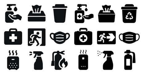 Fototapete - Set of icons for various items related to health and safety. The icons include a fire extinguisher, a first aid kit, a spray bottle, and a hand sanitizer