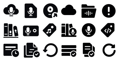 Poster - Collection of icons for various computer programs and devices. The icons include a microphone, a book, a CD, a cloud, and a floppy disc