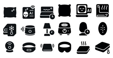 Leinwandbilder - Collection of icons for various home appliances and accessories. The icons include a clock, a laptop, a pillow, a bed, a TV, a book, a remote, a bedside lamp, a bedside clock, a bed