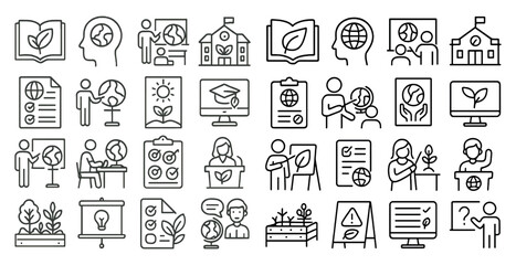 Leinwandbilder - Collection of icons that represent various aspects of education and learning. The icons include a person reading a book, a person holding a clipboard, a person holding a plant