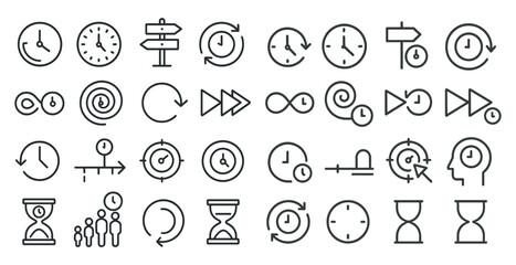 Poster - Collection of time-related icons, including clocks, arrows, and other symbols. The icons are arranged in a grid, with some overlapping each other. Scene is one of organization and structure