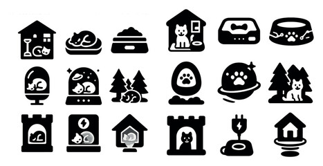 Leinwandbilder - Collection of black and white icons for pets and their accessories. The icons include a cat sleeping, a dog eating, a cat in a house, and a dog in a house