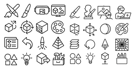 Leinwandbilder - Set of icons for various art and design concepts. Some of the icons include a cube, a triangle, a circle, a box, and a light bulb