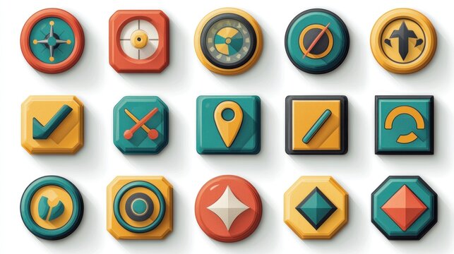 Collection of Retro Style App Icons: A Vibrant Set of Colorful,  Flat Designed Buttons for Mobile and Web Applications.