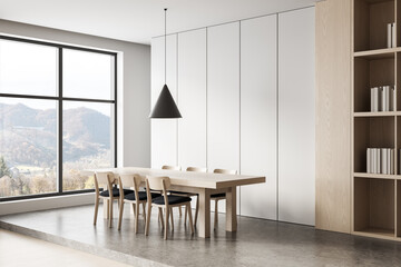Poster - Minimalist dining room interior with light wood furniture, panoramic window, and mountain view in modern design concept. 3D Rendering