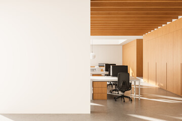 Fototapete - Modern office interior with blank wall space and wooden design elements in clean daylight setting. 3D Rendering