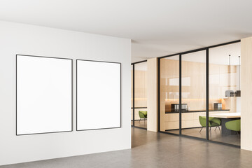 Poster - Blank framed posters mockup on white wall in modern office interior with glass partitions and wooden furniture, clean design concept template layout. 3D Rendering