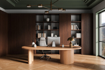 Fototapete - Modern executive office interior with wooden furniture, stylish decor elements, and natural lighting from large windows in a minimalist concept space. 3D Rendering