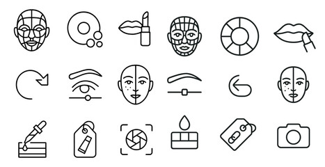 Poster - Set of icons for various beauty and makeup products. The icons include a makeup brush, a lipstick, a camera, and a face