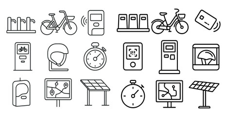 Poster - Collection of icons for various transportation and parking services. The icons include a bicycle, a helmet, a bicycle rack, a bicycle lock, a bicycle pump, a bicycle clock, a bicycle parking meter