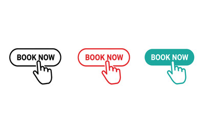 Aufkleber - Book Now Button Icons in Black Red and Teal with Hand Cursor