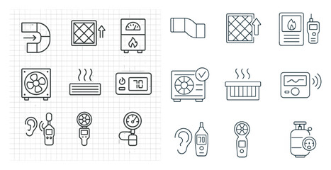 Poster - Set of icons for home appliances and tools. The icons include a fan, a thermostat, a gas tank, a gas meter, a gas valve, a gas pipe, a gas meter, a gas tank, a gas valve