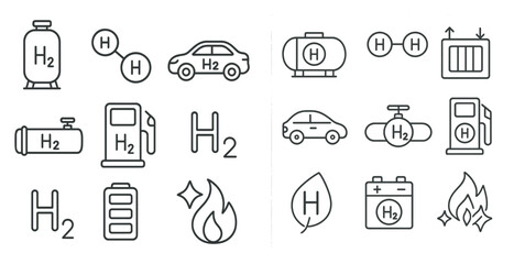 Aufkleber - The image is a collection of various symbols and icons related to hydrogen and its uses. The symbols include a car, a gas station, a battery, a fire, and a water droplet. Scene is one of energy