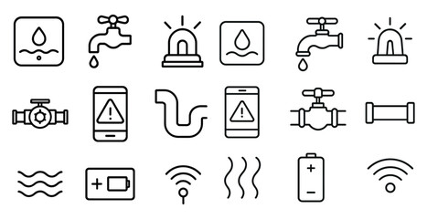 Poster - Collection of symbols and icons related to plumbing and water systems. The icons include a phone, a water faucet, a water leak, a water shutoff valve, a water meter, a water heater, a water pipe