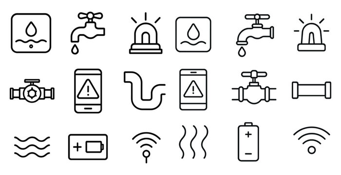 Collection of symbols and icons related to plumbing and water systems. The icons include a phone, a water faucet, a water leak, a water shutoff valve, a water meter, a water heater, a water pipe