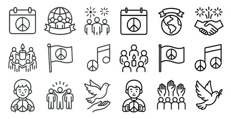 Poster - Series of black and white icons depicting various peaceful themes such as people holding hands, a peace flag, and a dove. The icons are arranged in a grid-like pattern