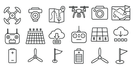 Poster - Collection of various icons and symbols, including a camera, a drone, and a map. Scene is one of technology and exploration