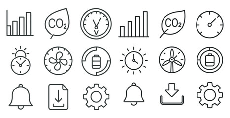Poster - Collection of icons including a clock, a gear, a bell, and a battery. The icons are all in black and white and are arranged in a grid