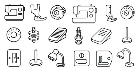 Poster - Collection of sewing and crafting tools are shown in a black and white style. The tools include a sewing machine, scissors, and a needle. Concept of creativity and craftsmanship