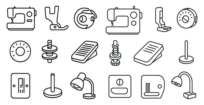 Collection of sewing and crafting tools are shown in a black and white style. The tools include a sewing machine, scissors, and a needle. Concept of creativity and craftsmanship