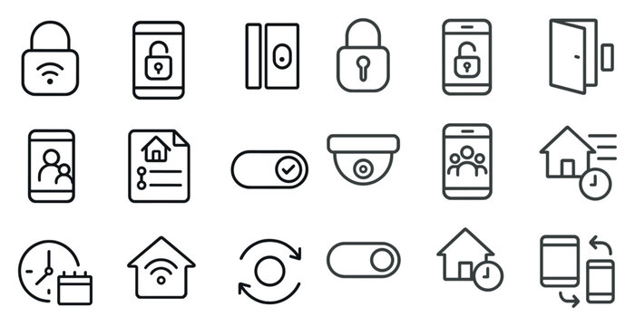 Set of icons for home security and smart home devices. The icons include a door, a key, a camera, a phone, and a house