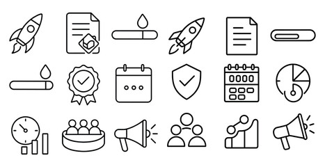 Poster - Set of icons for a calendar, a rocket, a shield, a clock, a person, a person with a microphone, a person with a megaphone, a person with a sign, a person with a rocket, a person with a