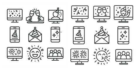 Poster - Set of icons for a party theme. The icons include a wine glass, a cell phone, a laptop, a tablet, a keyboard, a mouse, a keyboard, a laptop, a cell phone, a tablet, a laptop