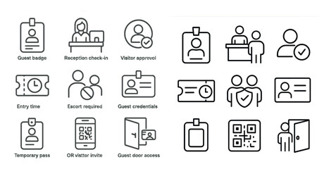 Poster - Set of icons for a hotel lobby. The icons include a clock, a phone, a door, a person with a badge, and a person with a passport