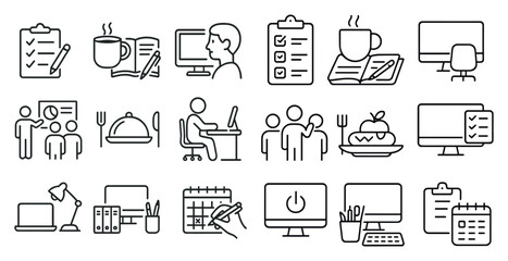 Poster - Series of icons depicting various office tasks and activities. The icons include a person sitting at a desk with a computer, a person holding a clipboard, a person holding a book