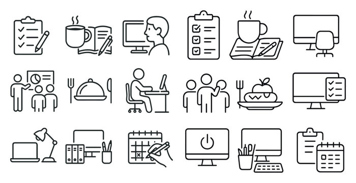 Series of icons depicting various office tasks and activities. The icons include a person sitting at a desk with a computer, a person holding a clipboard, a person holding a book