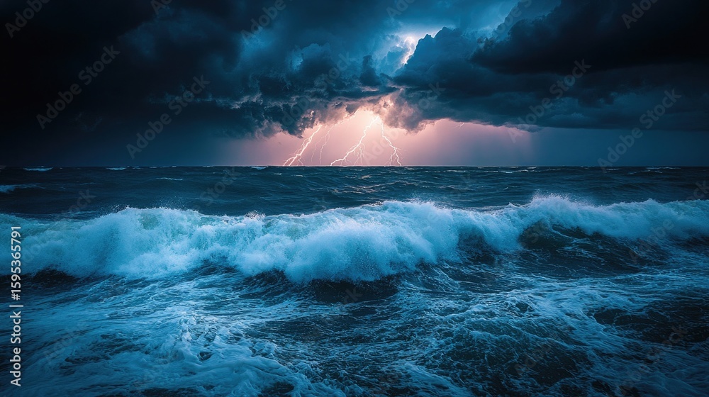 Stormy Sea with Lightning Strikes Dramatic Ocean Waves Under a Dark Sky ...