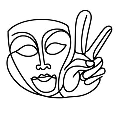 Poster - Line face mask with peace gesture in minimalist style