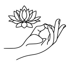 Poster - Hand gesture with lotus flower in single line outline vector design  