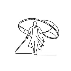 Poster - Man in flowing robe walking with a large film reel umbrella - Concept of single line outline vector  