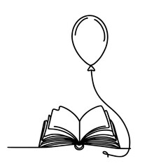 Poster - Open book with a balloon floating above in a single line outline vector  