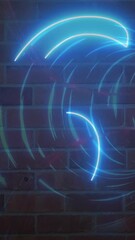 Poster - Creating circular designs, neon blue light patterns on brick wall background