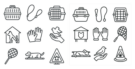 Poster - Set of icons for pets and pet care. The icons include a bird, a cat, a dog, a house, a birdhouse, a leash, a cage, a glove, a birdcage, a bird, a cat