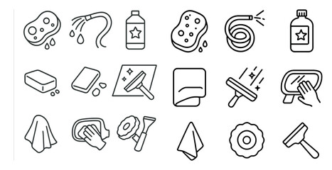 Poster - Set of cleaning tools and supplies, including a sponge, a bottle, and a cloth. Concept of cleanliness and organization