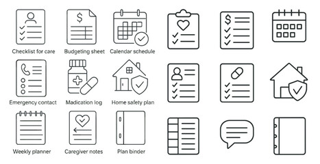 Poster - Set of checklists and calendars for a home care plan. The checklists include medication, home safety plan, and emergency contact information. The calendars include a weekly planner, caregiver notes