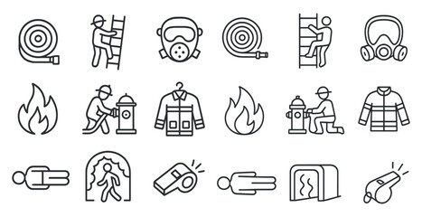 Poster - Series of icons depicting various firefighting and rescue equipment. The icons include a fire hydrant, a fireman, a fire truck, a ladder, a fire hose, a fire extinguisher, a fireman's hat