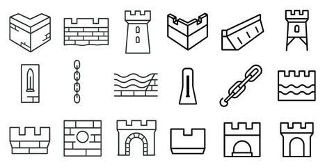 Poster - Collection of castle and fortress icons. The icons include a castle, a tower, a wall, a bridge, a castle gate, a castle gatehouse, a castle wall, a castle tower, a castle gate, a castle wall