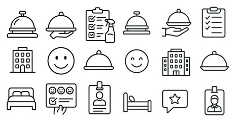 Fototapete - Collection of symbols and icons that represent various aspects of hospitality and hospitality services. The icons include a smiling face, a tray, a clipboard, a building, a hotel room, a bed, a star