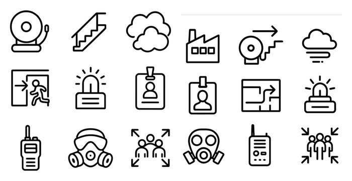 Collection of icons including a fire alarm, a building, a person, and a person with a badge